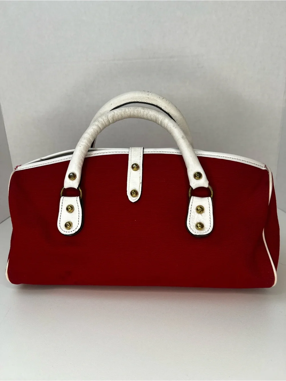 Vintage Ronay Red Canvas & White Leather Satchel Handbag